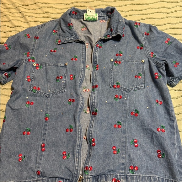 Quacker Factory Tops - Cherry Embroidered Denim Shirt
